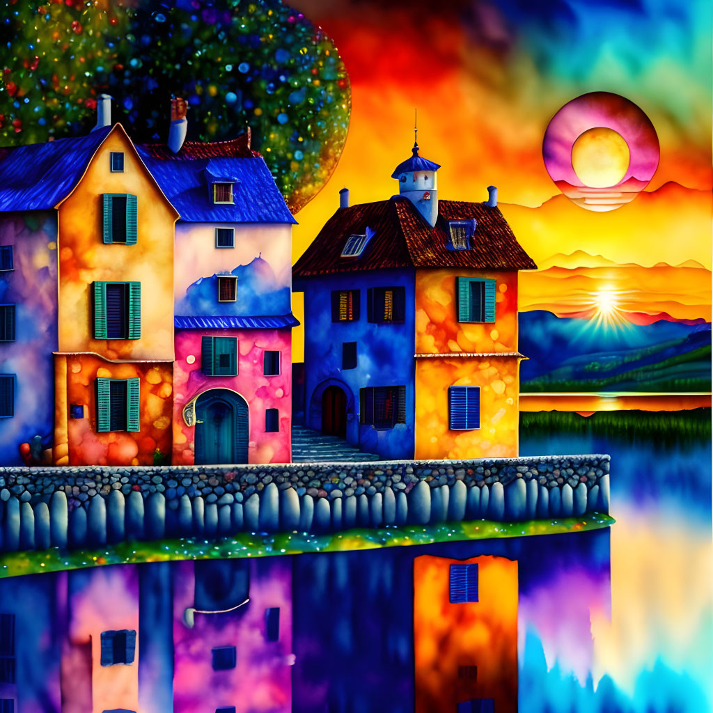 Colorful Houses by Waterfront: Surreal Sunset Sky with Full Moon and Stars