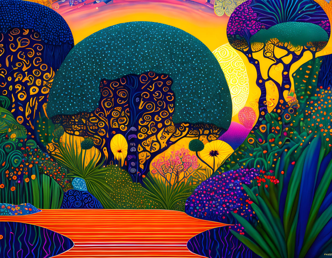 Colorful Psychedelic Fantasy Landscape with Trees, Mushrooms, and Floral Patterns