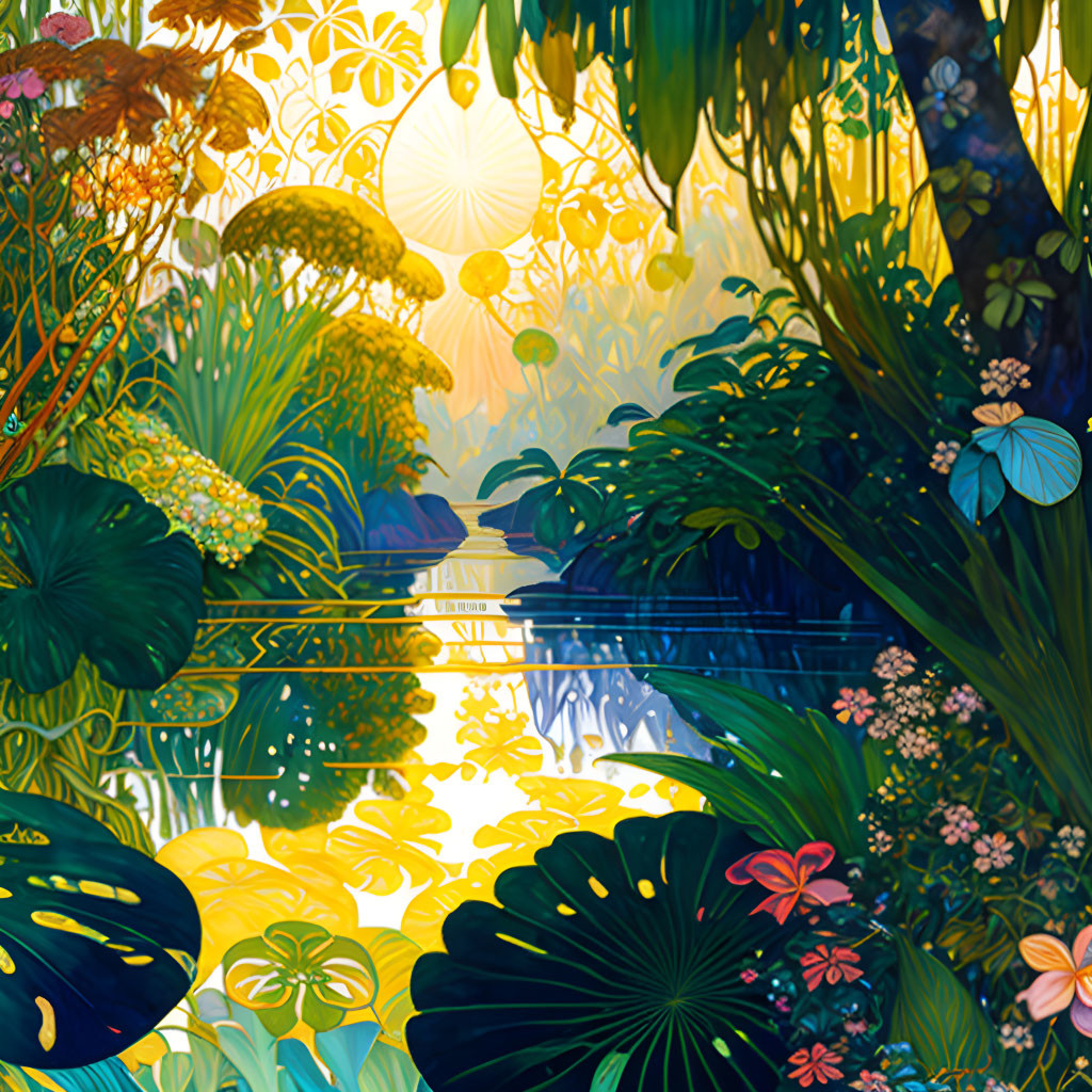 Colorful illustration of a lush garden with oversized flowers and reflective water