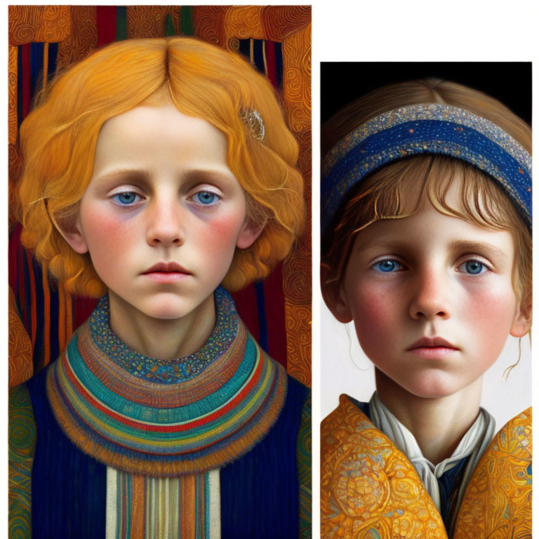 Two child portraits with orange and blue features on patterned background.