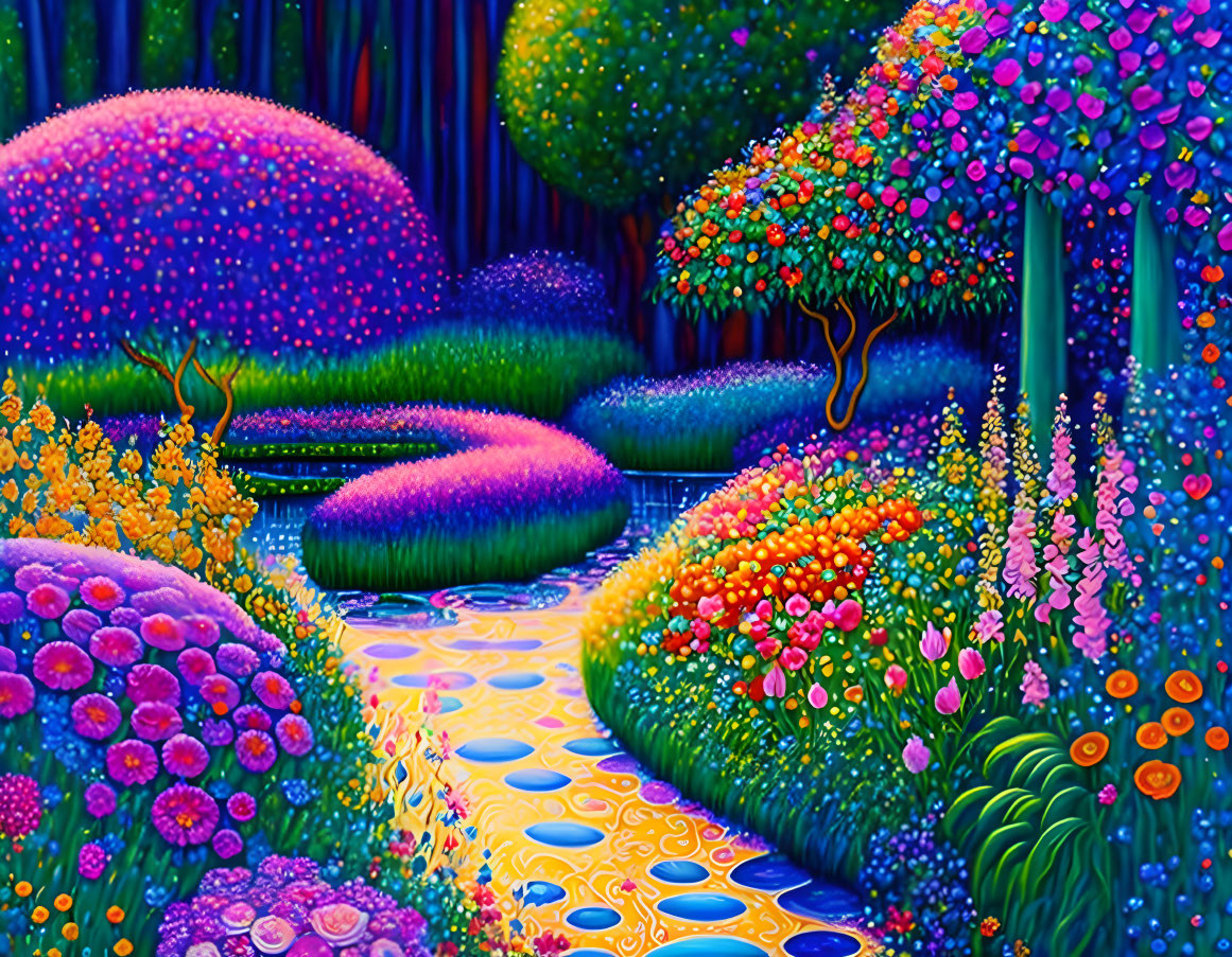 Colorful Fantasy Landscape with Multicolored Flora and Sparkling River