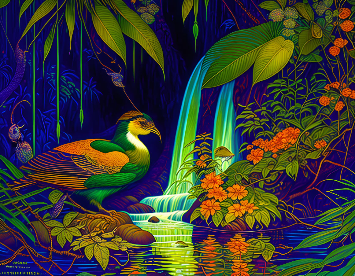 Colorful digital artwork: stylized bird near waterfall & lush foliage.