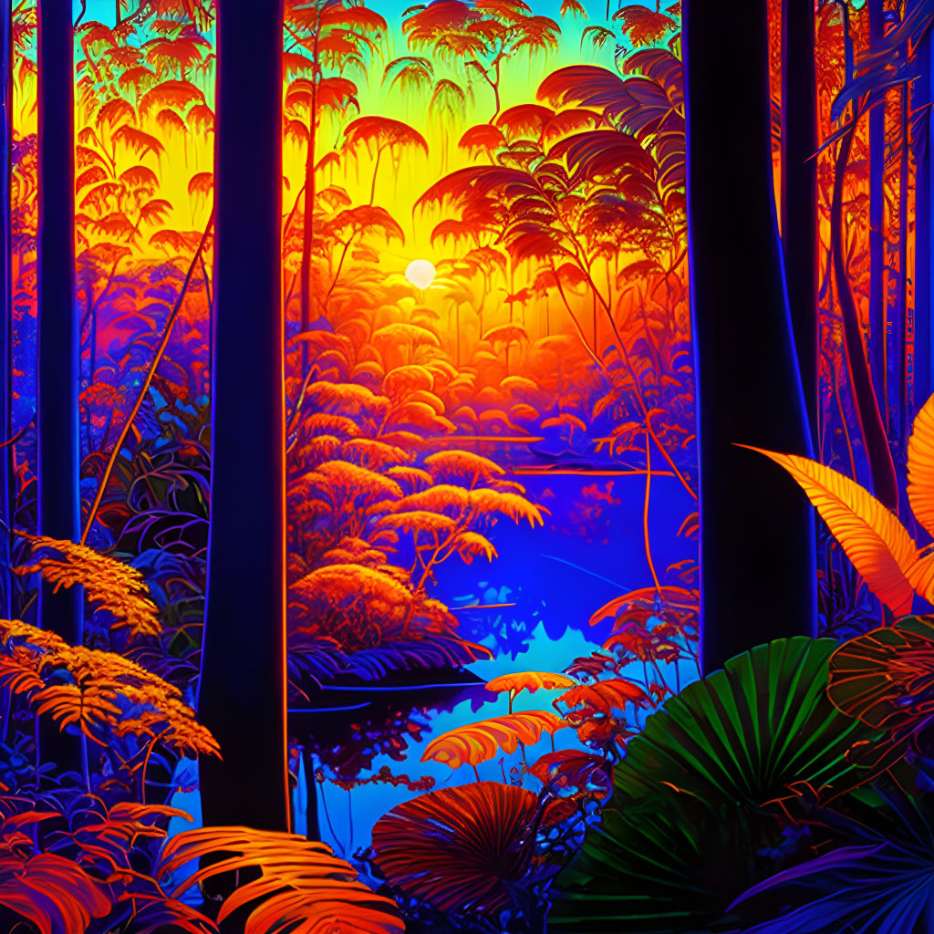 Lush Tropical Forest Under Orange and Blue Sunset Sky