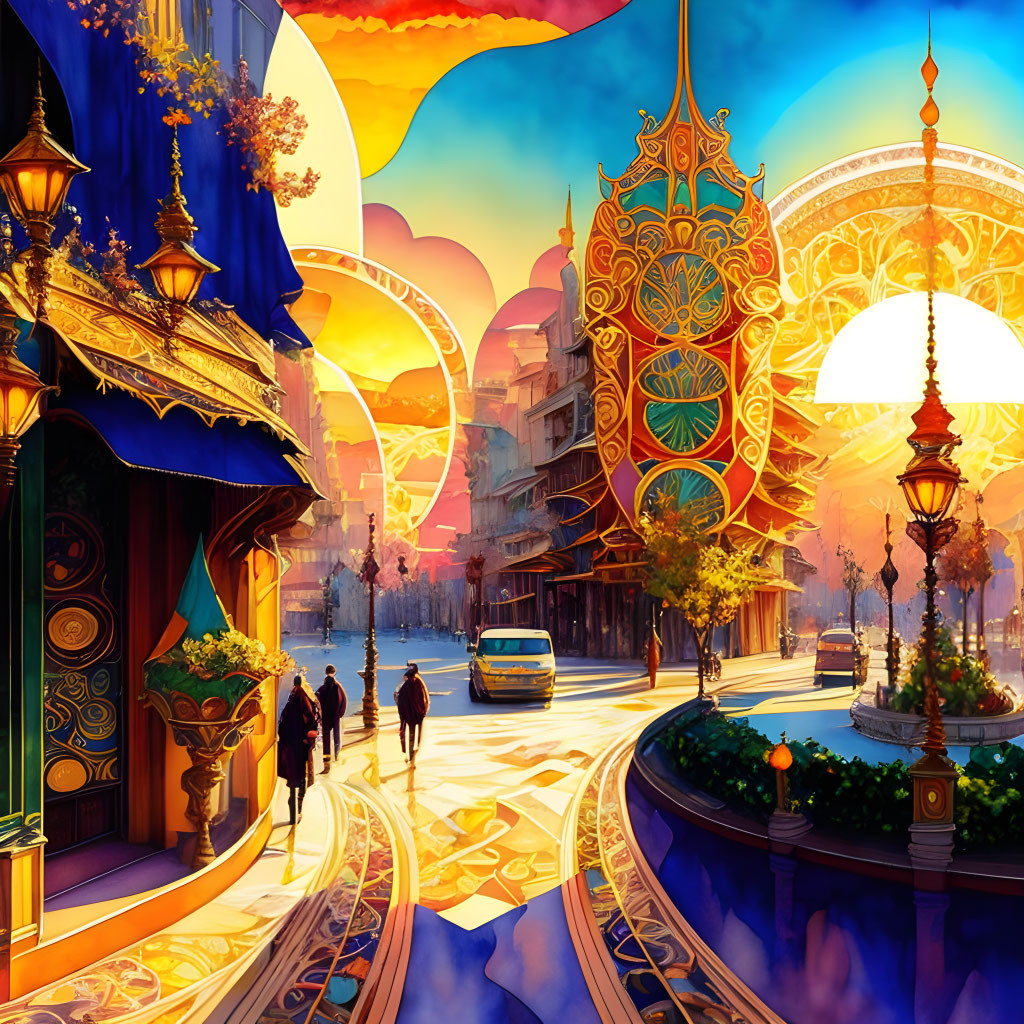 Colorful fantasy cityscape with ornate buildings, glowing lamps, and whimsical sky