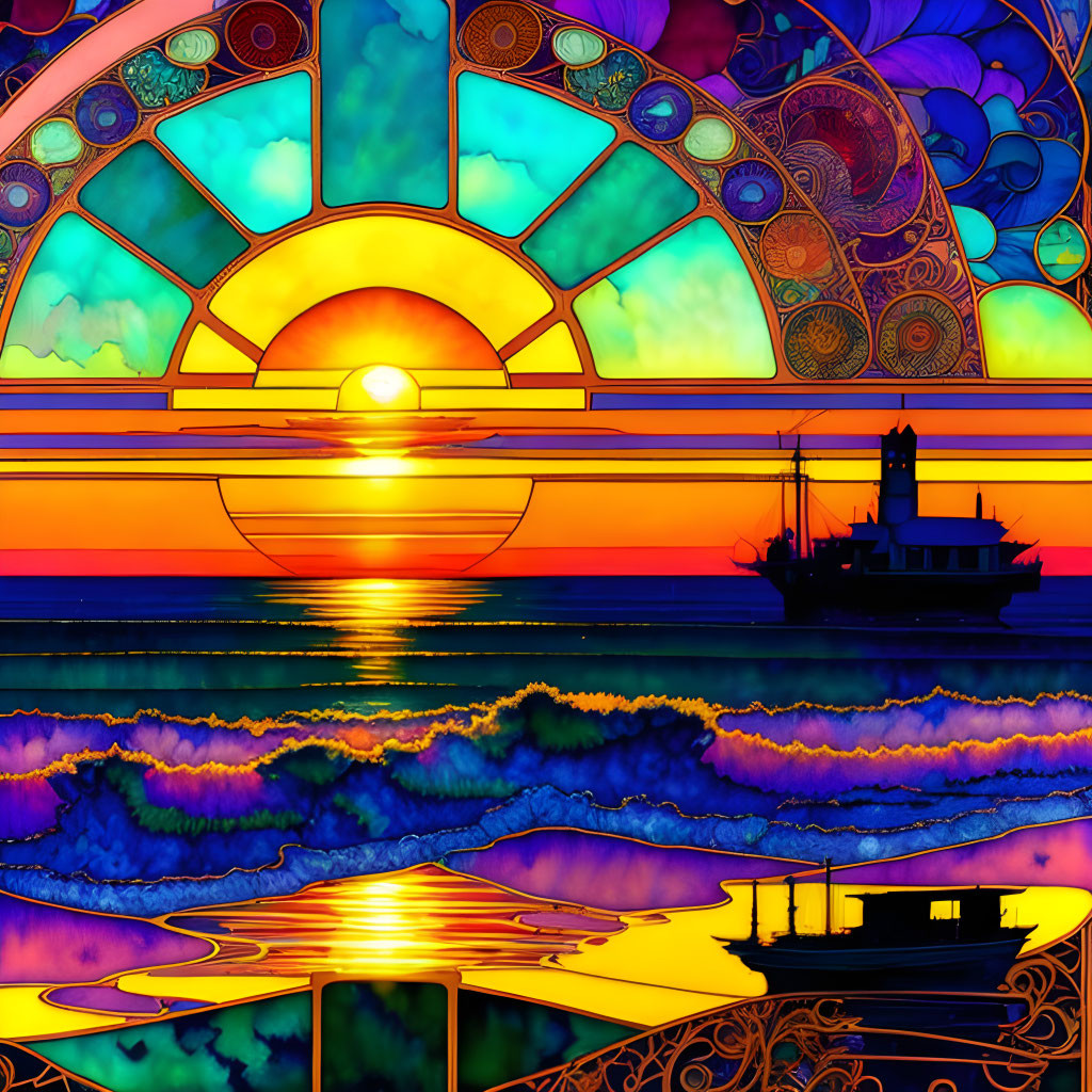 Colorful Sunset Ocean Scene with Ships in Stained Glass Style