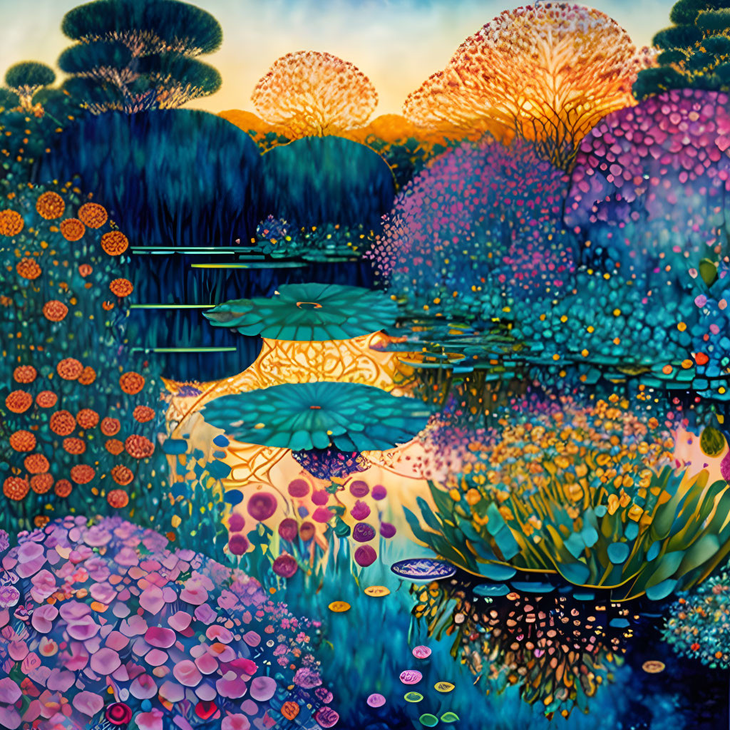 Fantastical landscape with lush foliage and sunset reflection