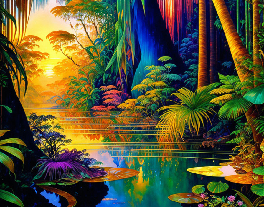 Lush Jungle Scene with Lake, Water Lilies, and Waterfall at Sunset