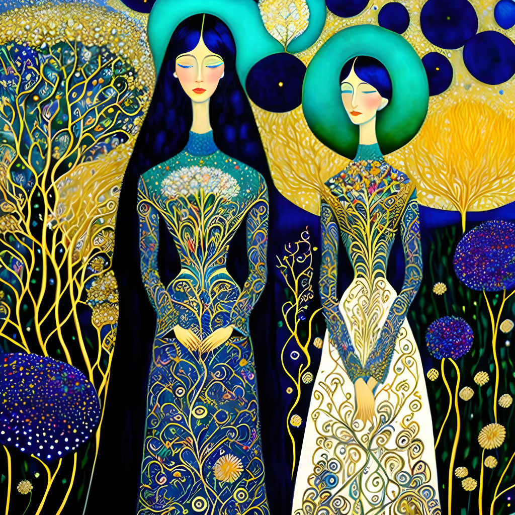 Stylized Art Nouveau figures in celestial attire against dark backdrop