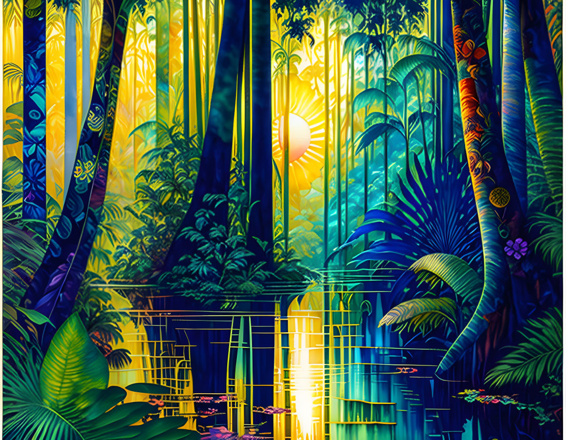 Colorful digital artwork: lush jungle, sunset, tranquil water, geometric patterns.