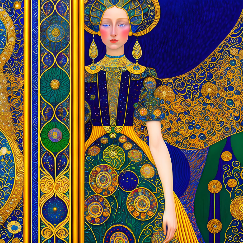 Stylized woman in ornate gown by Art Nouveau door