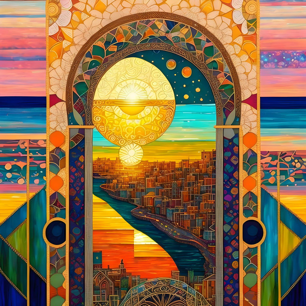 Colorful sunset over geometric cityscape with ornate archway.