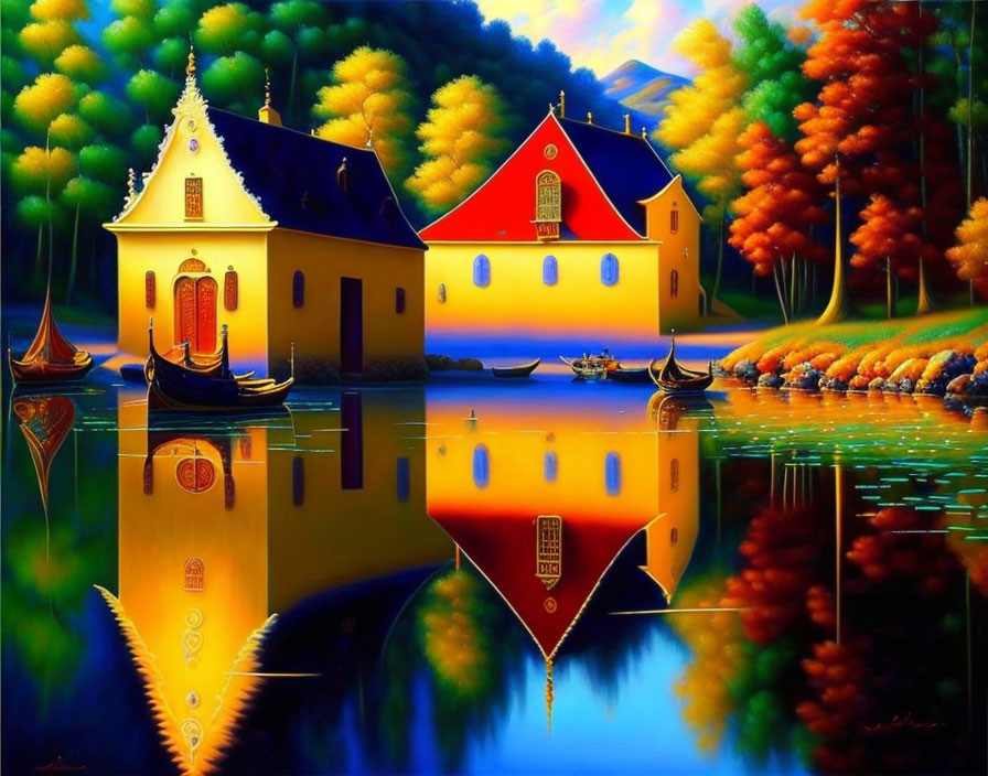 Colorful Autumn Lakeside Scene with European Buildings and Boats