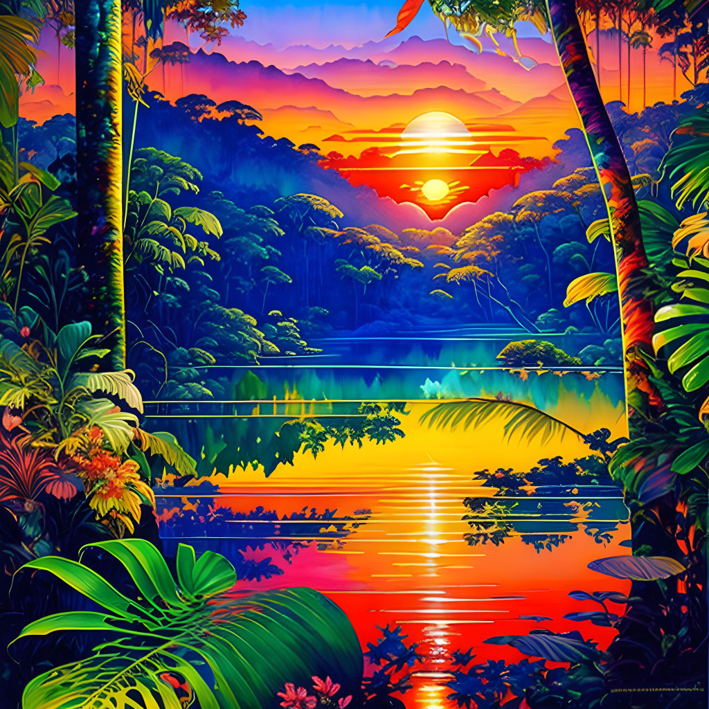 Tropical sunset illustration with sun reflection on calm lake