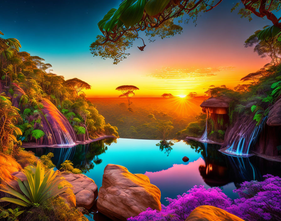 Colorful sunset landscape with waterfalls, lake, foliage, and bird in the sky