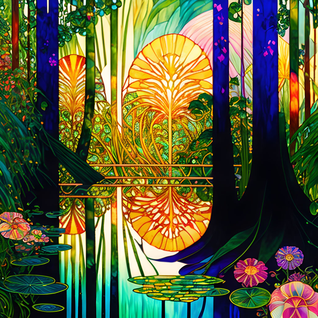 Colorful Digital Art: Fantastical Forest with Floral Patterns & Sun Design