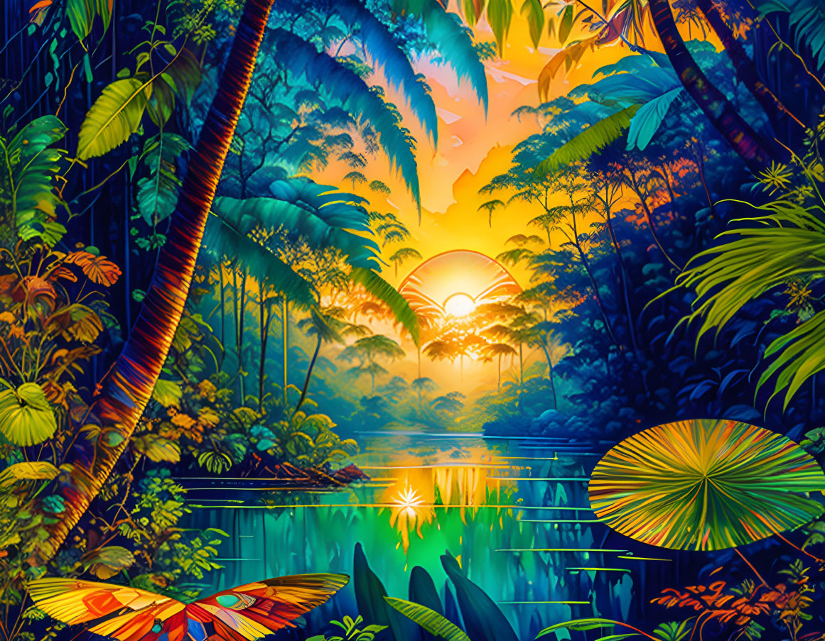 Colorful sunset over lush tropical forest with butterfly and serene water.