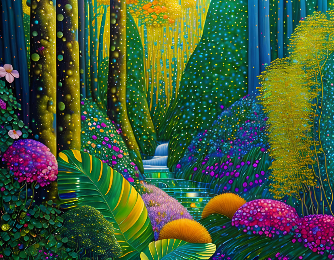 Colorful Forest Illustration with Waterfall and Rich Blue Trees