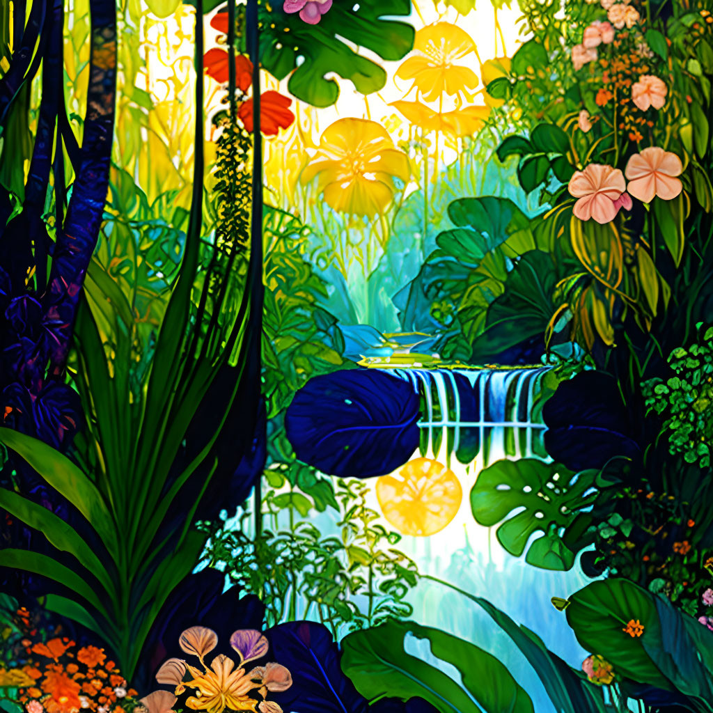 Lush Tropical Jungle Illustration with Waterfall