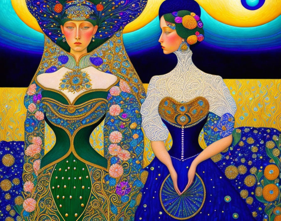 Colorful Stylized Female Figures in Elaborate Dresses and Headpieces Against Celestial Background