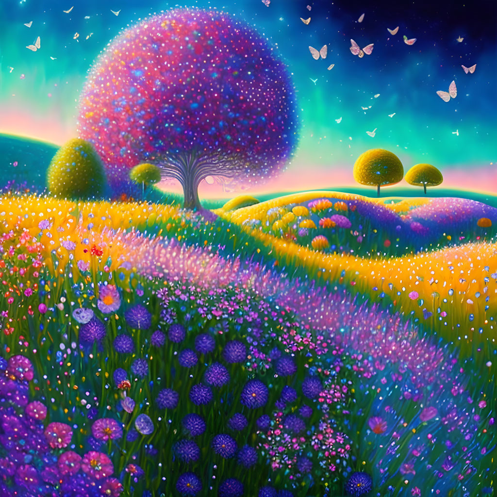 Colorful landscape with glowing purple tree and butterflies