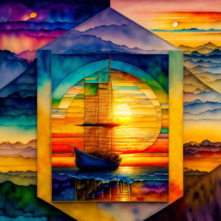 Geometric sailing ship art with sunset, mountains, and sea in hexagonal frame