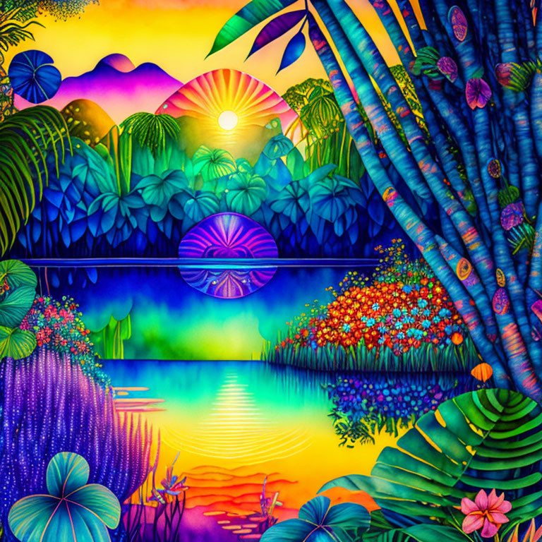 Colorful psychedelic landscape with tropical foliage, sunrise over mountains, lake reflection, and bird silhouettes