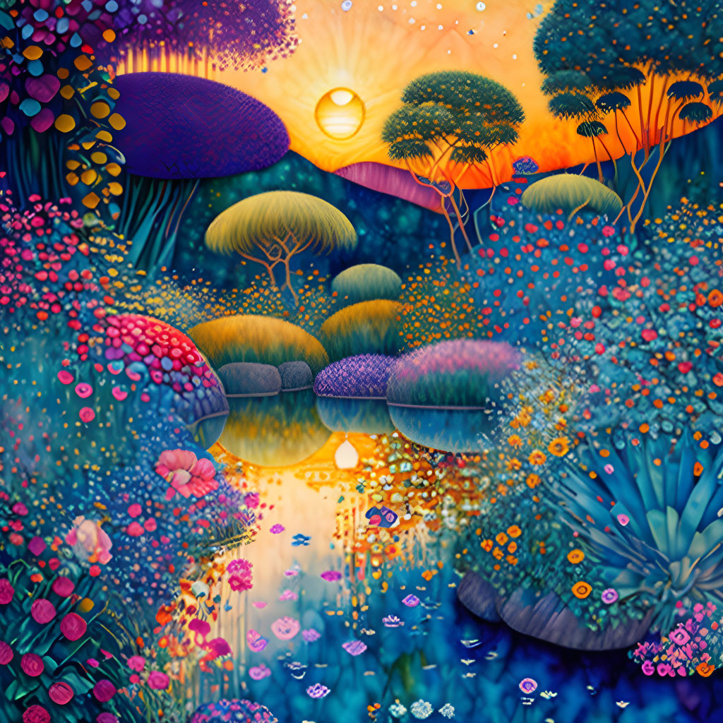 Colorful stylized trees, oversized flowers, glowing sunset in fantastical landscape