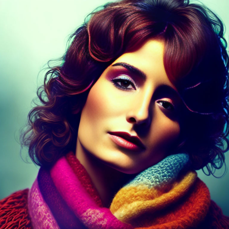 Curly Haired Woman in Bold Makeup with Colorful Scarf