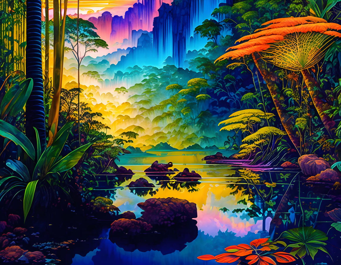 Colorful Tropical Rainforest Illustration with Waterfall