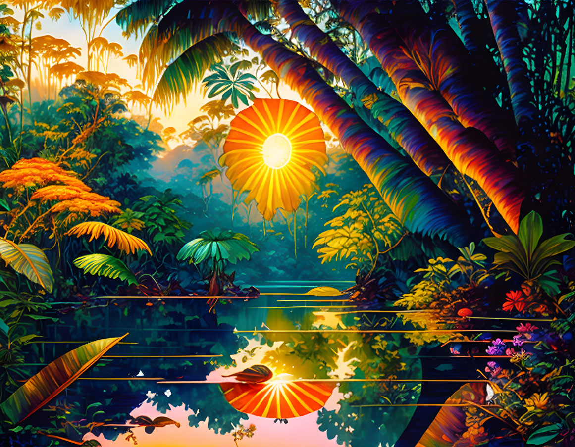 Vibrant tropical jungle at sunset with reflective river