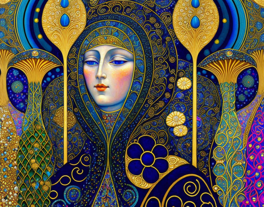 Colorful Artwork Featuring Stylized Female Figure in Blues, Golds, and Purples