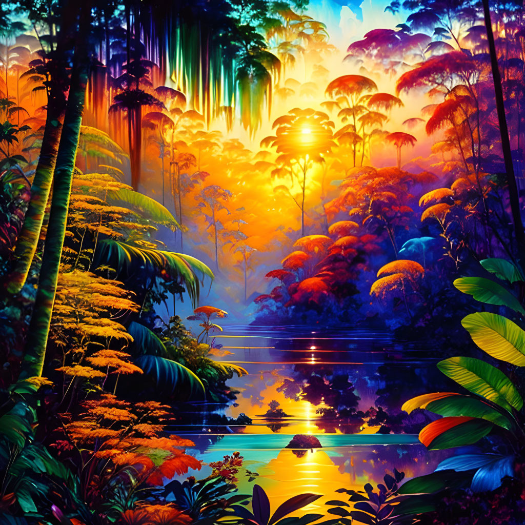 Tropical rainforest painting with river under orange sunset