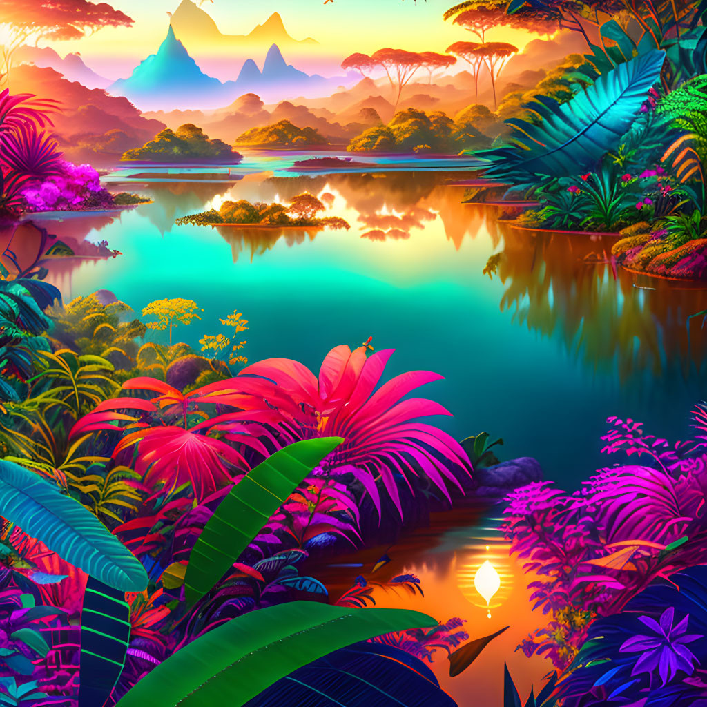 Colorful Tropical Landscape Digital Illustration with Sunset Reflections