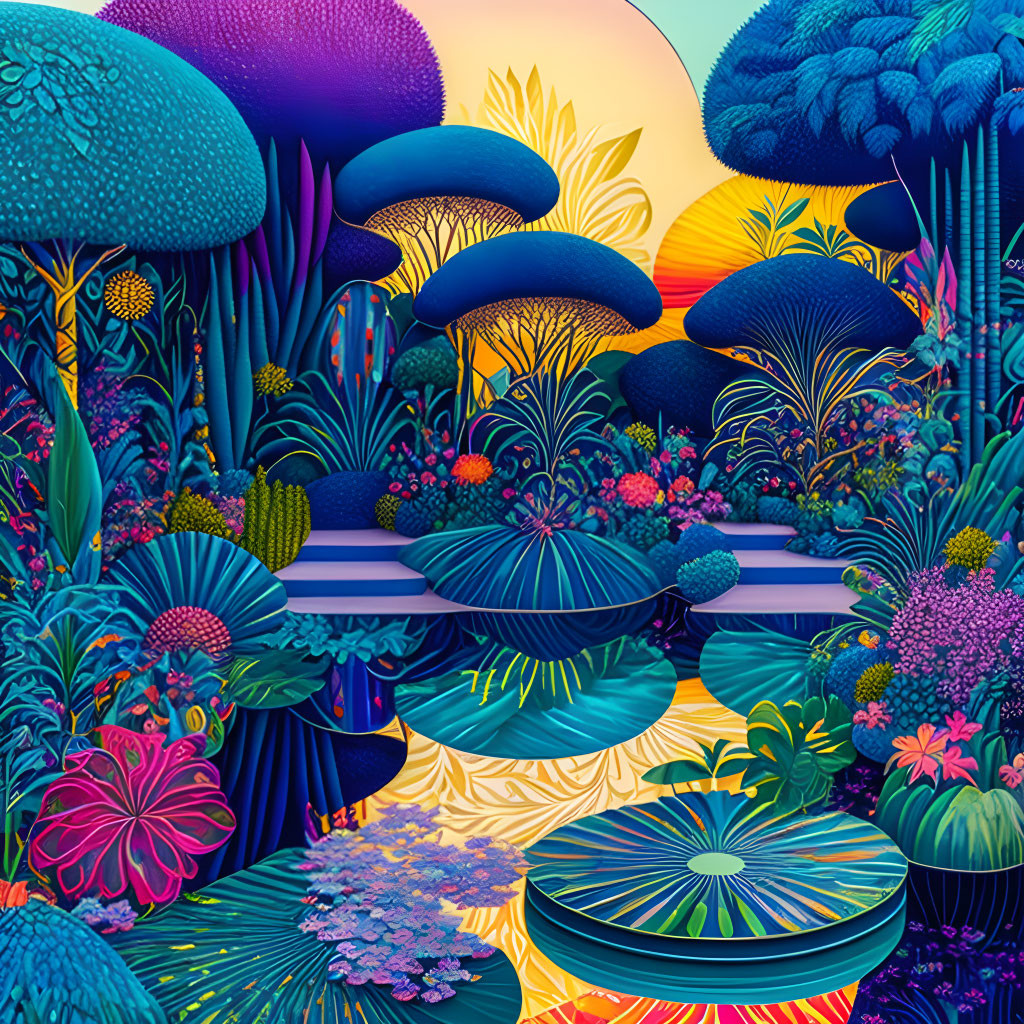 Fantastical forest illustration with oversized mushrooms and lush flora