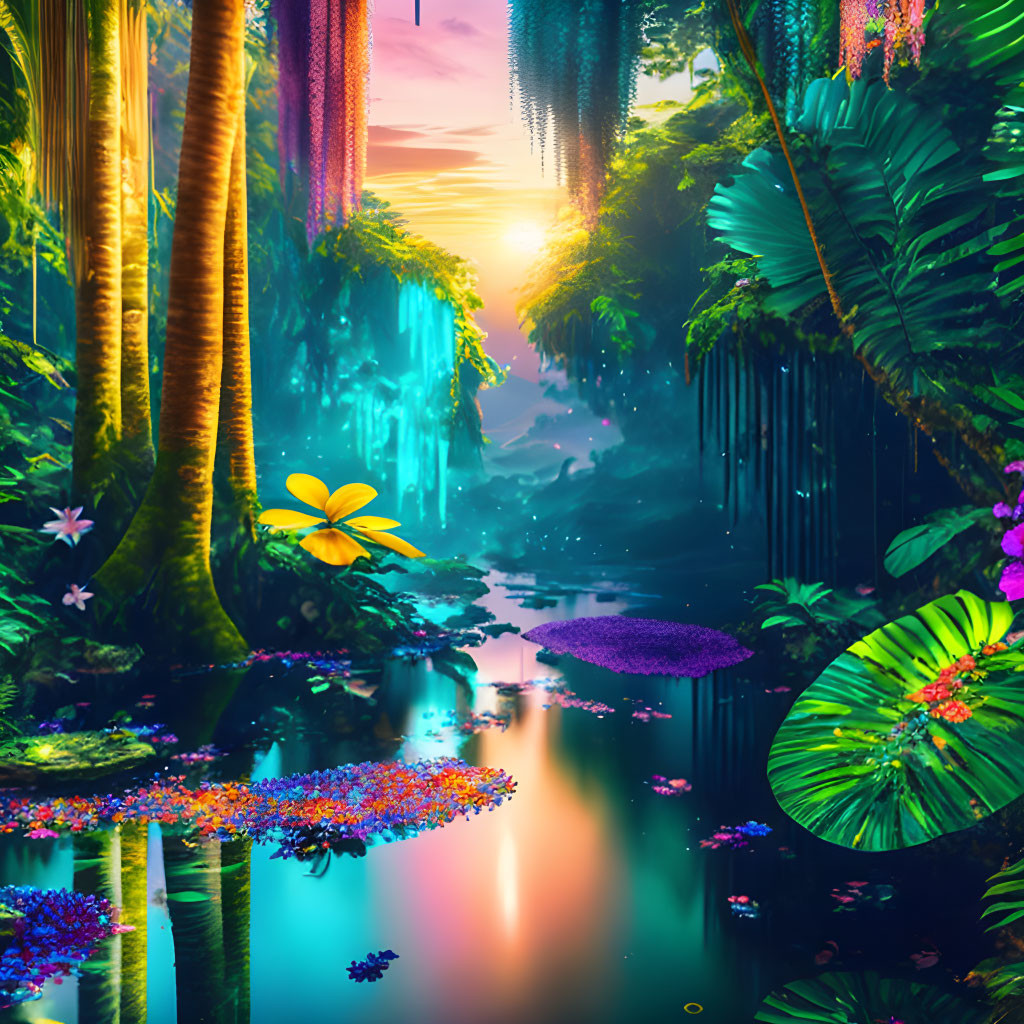 Colorful digital artwork: Mystical jungle, lush foliage, serene river, glowing sunset.