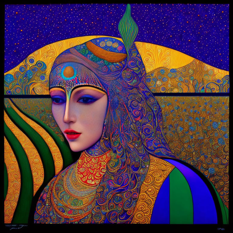 Colorful Stylized Portrait of Female Figure with Blue and Gold Palette