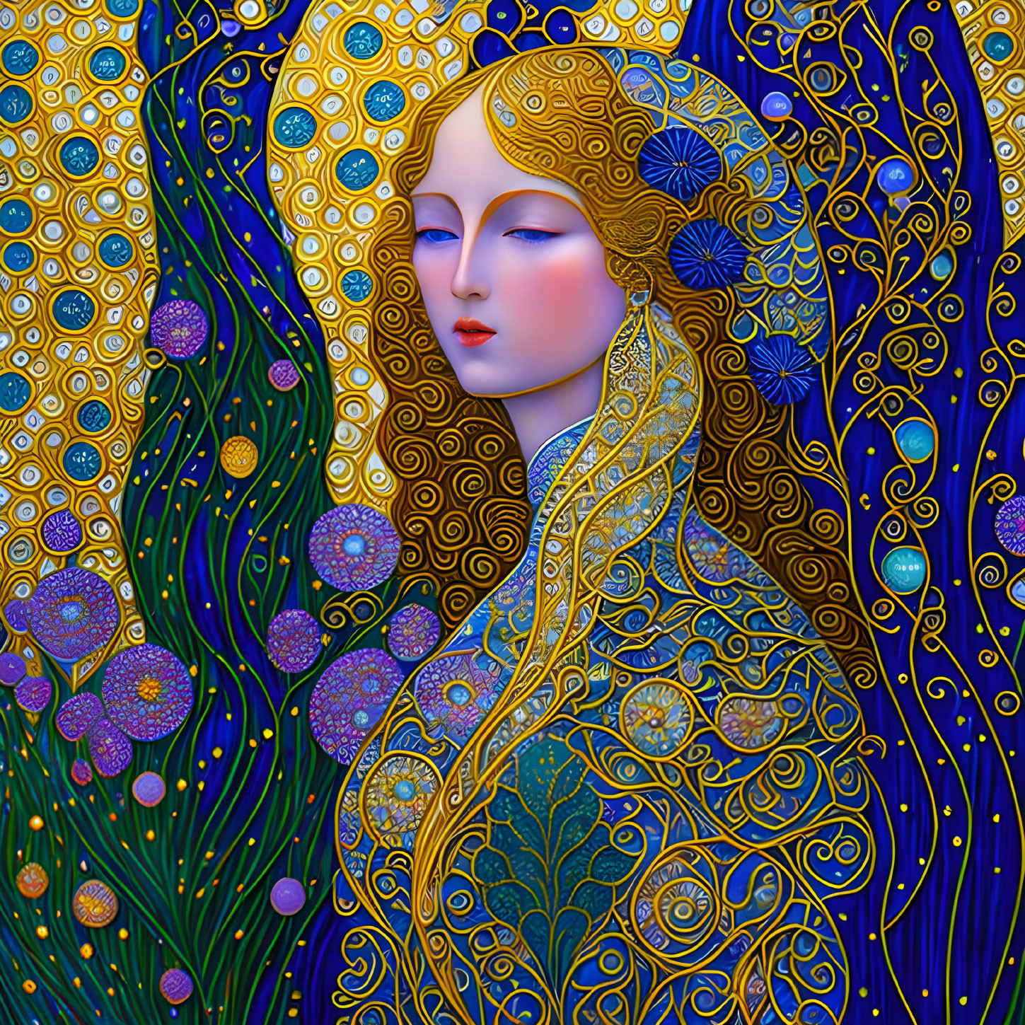 Art Nouveau Woman with Golden Hair on Blue Patterned Background