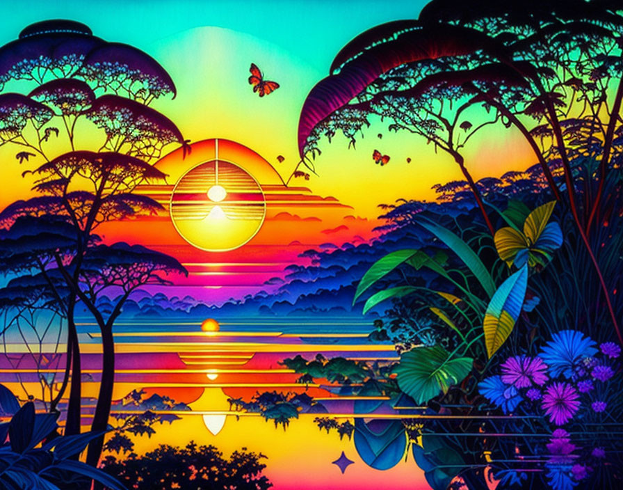 Colorful Sunset with Silhouetted Trees and Butterfly in Psychedelic Landscape