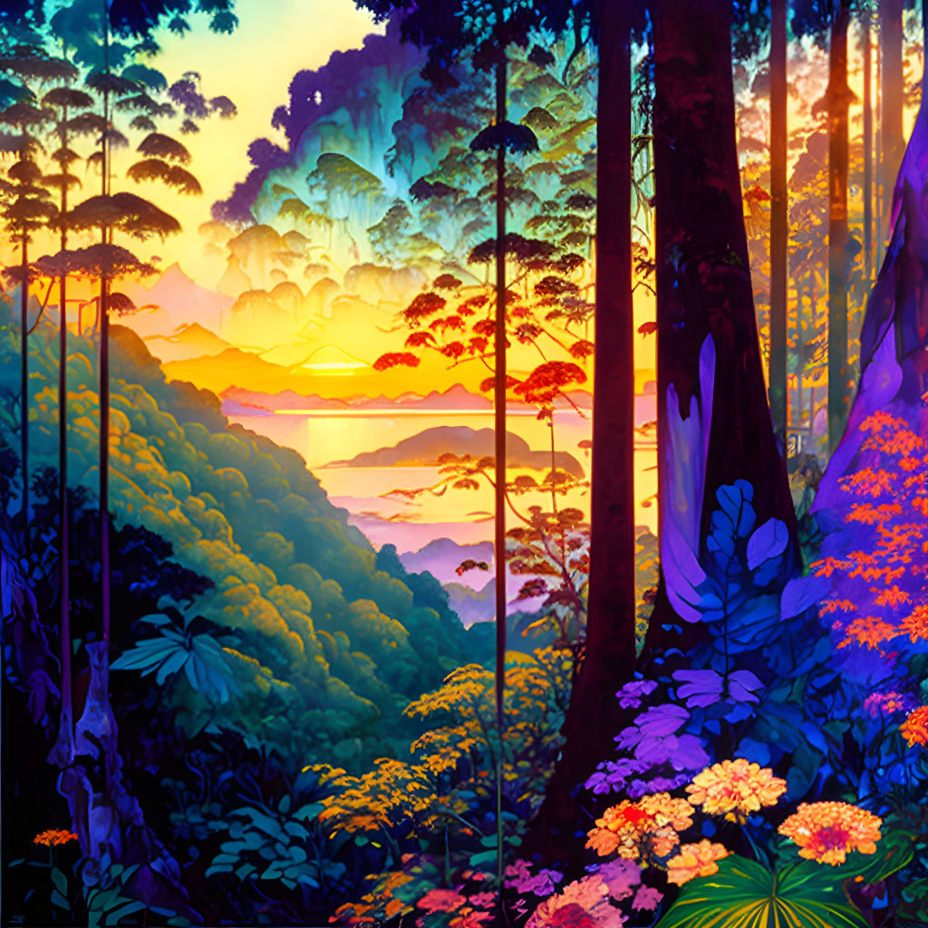 Colorful sunrise forest illustration with flowers and mountains.