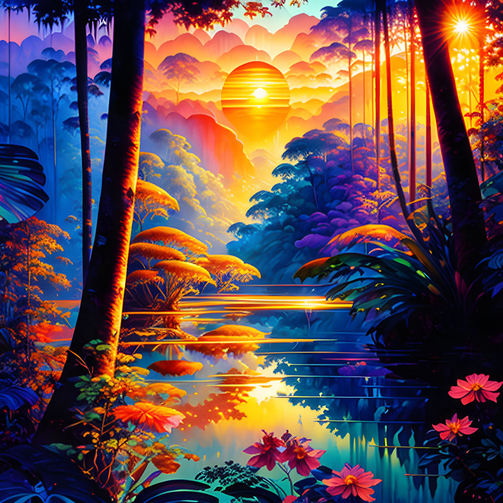 Vibrant digital artwork: Tropical forest at sunset