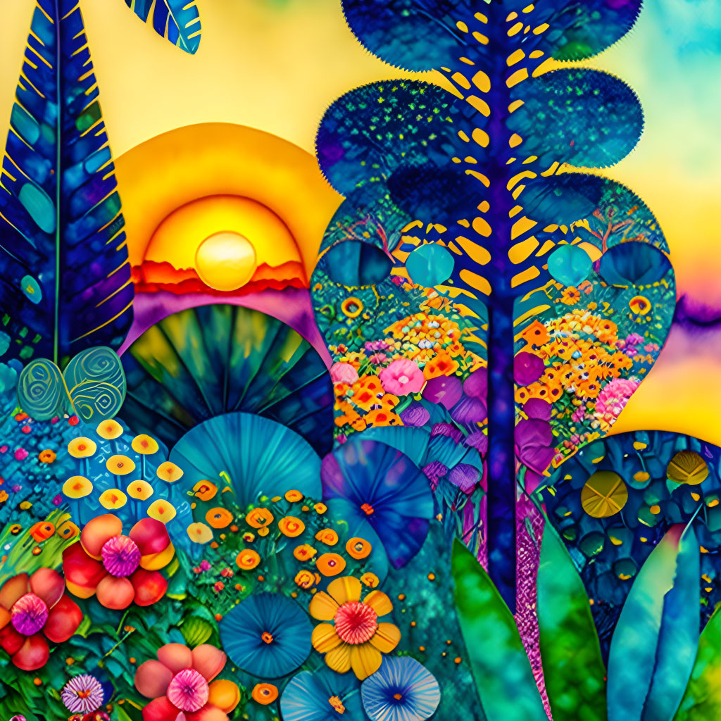 Whimsical garden digital art with stylized flora at sunset