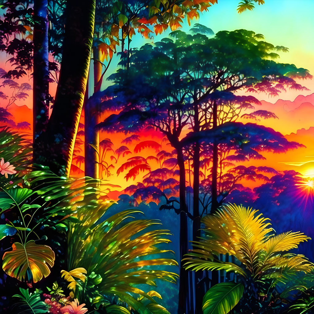 Colorful Sunrise Over Lush Tropical Jungle