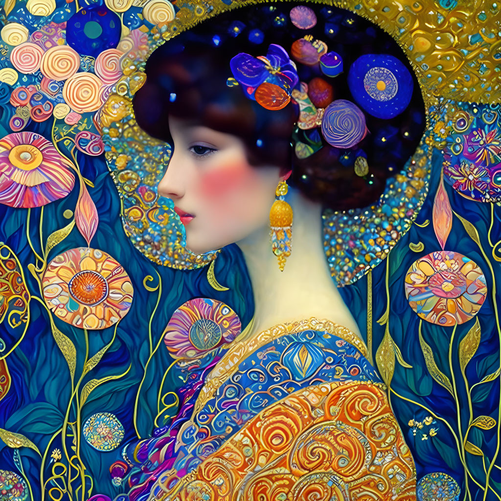 Stylized portrait of woman with dark hair in Art Nouveau and cosmic-themed setting