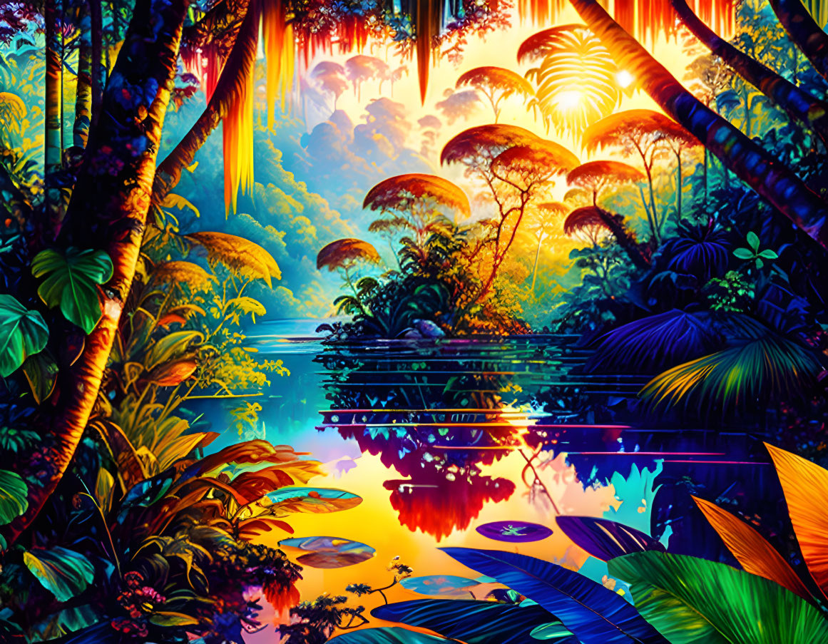 Colorful Jungle Scene with Lush Foliage, Towering Trees, and Reflective River