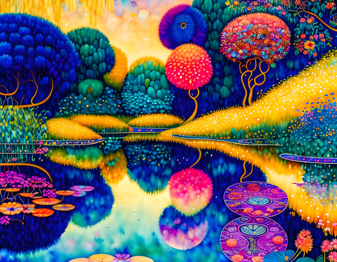 Colorful Psychedelic Landscape with Stylized Trees and Reflective Water