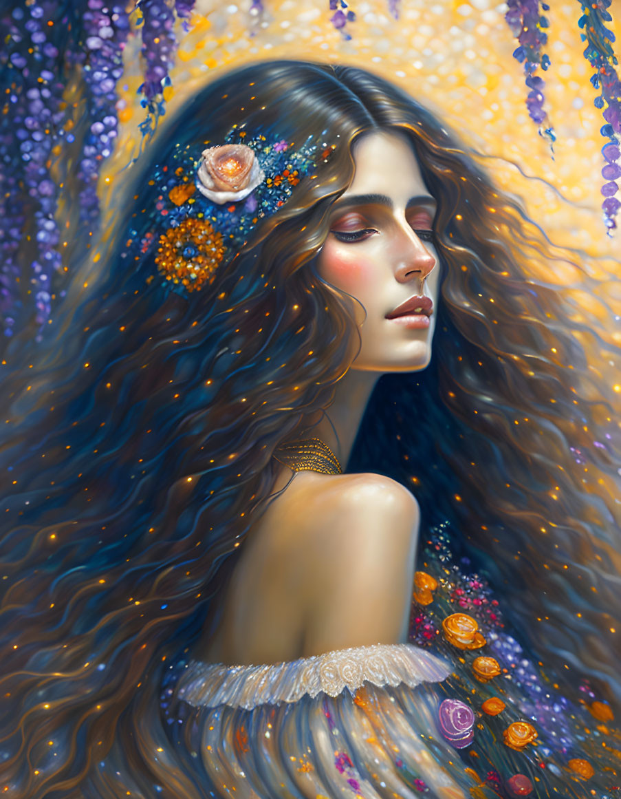 Ethereal woman with wavy hair and vibrant flowers in dreamy setting