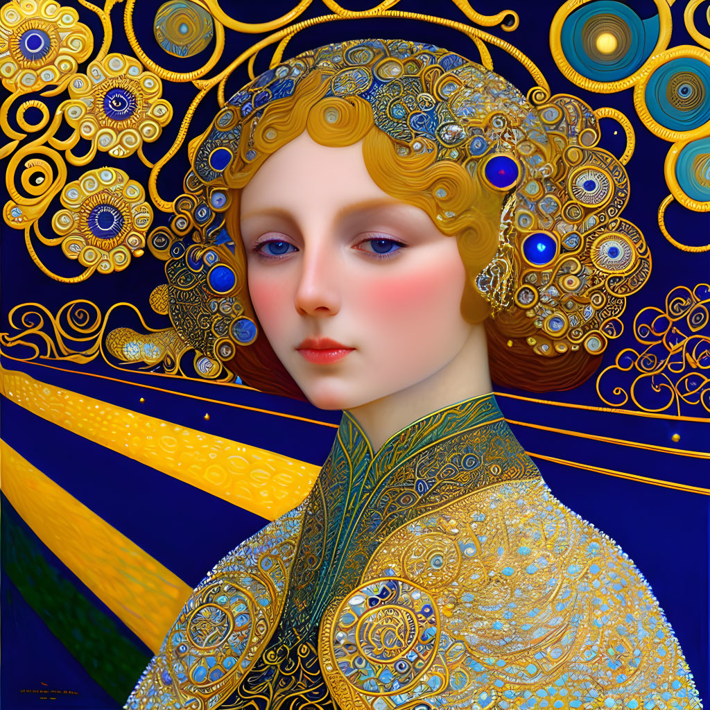 Detailed illustration of woman with golden hair on blue background