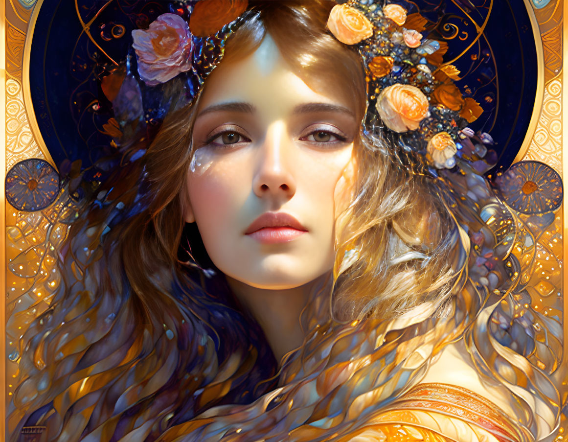 Ethereal digital portrait of a woman with floral and gold patterns