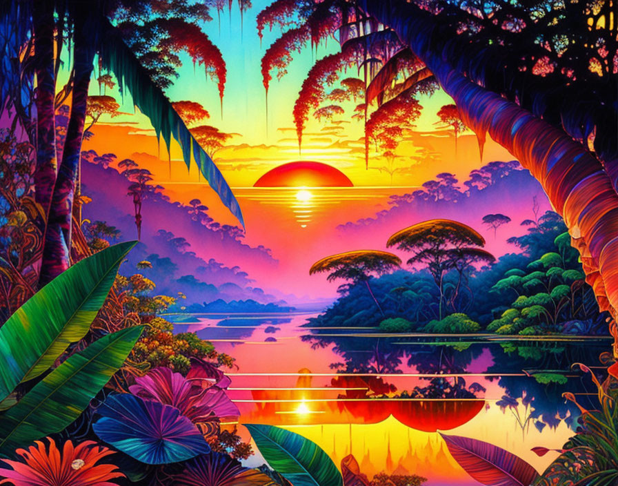 Colorful Jungle Sunset Scene with Radiating Sun and Calm River