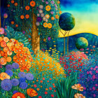 Colorful Whimsical Garden Illustration with Celestial Sky